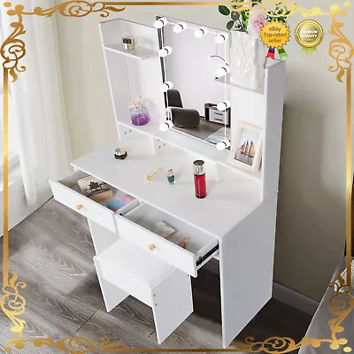 Bedroom Vanity Table Set 10LED Mirror Makeup Desk W/ Storage Dressing Dresser US • $129.86