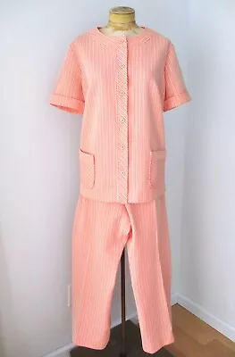 Vtg 60s 70s Mod Marty Gutmacher Coral Pink Textured Stripe 2-Pc Pant Suit XL/2XL • $34.99