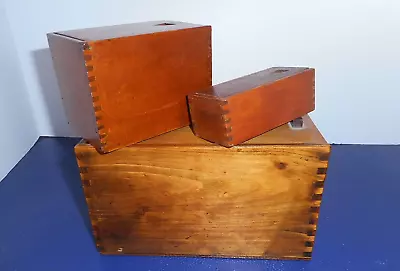Dovetailed 3 Wood Trinket Storage Boxes W/Sliding Wooden Lids-Vintage • $110