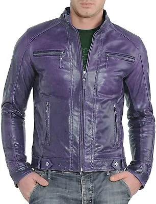 Men's Latest 100% Stylish Genuine Lambskin Bike Rider Leather Jacket Purple Coat • $131.12