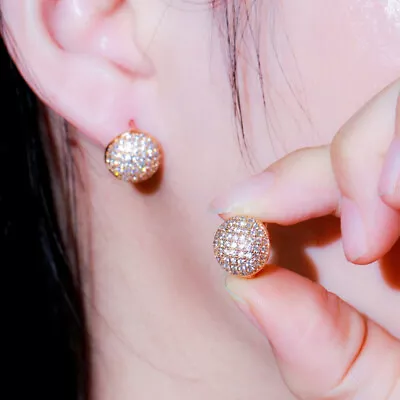 Shining Cubic Zircon Micro Pave Yellow Gold Plated Round Stud Earrings For Women • $6.44