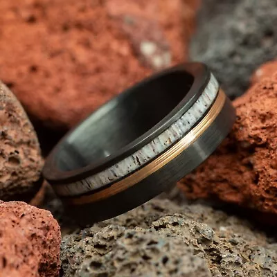 Deer Antler Black Brushed & Rose Gold Strip Tungsten Mens Wedding Ring 6mm • $119.98