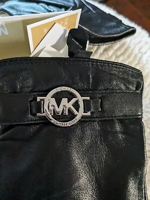 Michael Kors Black Leather Gloves Silver Circle Logo Womens Medium NWT   • $58
