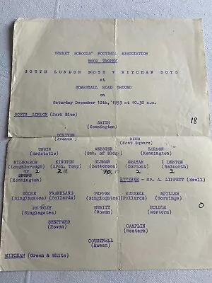 Surrey Schools FA - South London Boys V Mitcham Boys 1953/54 • $5.05