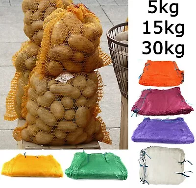 Vegetable Net Bags Drawstring Mesh Sacks Raschel Fruit Wood Logs Kindling 5-30kg • £4.99