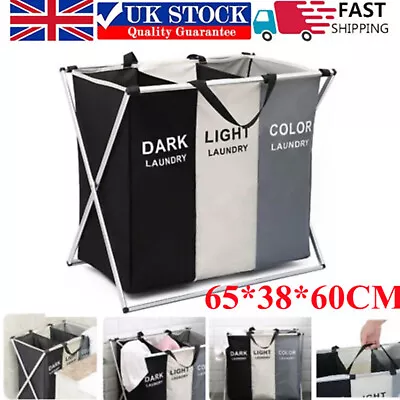 3 Section Laundry Basket Hamper Clothes Bin Organiser Folding Light Dark Colour • £14.99