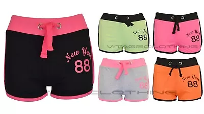 New Womens New York 88 Print Draw Cord Mini Tie Gym Casual Summer Hotpant Shorts • £4.90