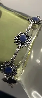 Vintage Mexico Sterling Silver 950 Blue Sunburst Lapis Link Bracelet 7 Inches • $42