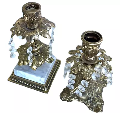 Pair Of Mismatched Metal Marble & Glass Prism Taper Candle Holders Acanthus • $44