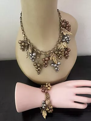 Vintage Grape Clusters & Leaves Miriam Haskell  Necklace Set Bracelet Unsigned • $199.99