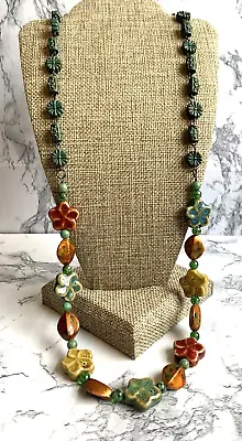 Vintage Glass Bead Necklace Flowers With Patina Metal Beads Boho Organic Style • $14.40