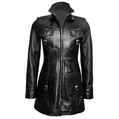 Womens Trench Style Coat Goth Matrix Steampunk Real Leather Black Winter Coat • £82.99