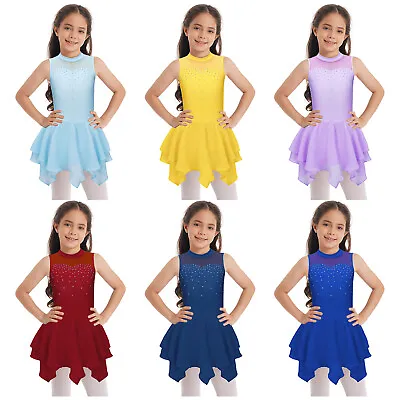 Kids Rhinestones Figure Ice Skating Dress For Girls Roller Skating Dance Costume • £13.15