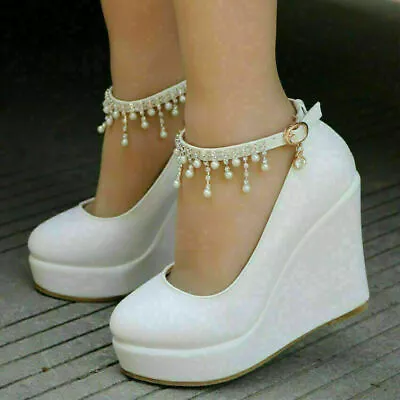 £29.99 • Buy Women Wedding Bride Wedge Shoes Ankle Strap Tassel Pearl Diamante Platform Pumps