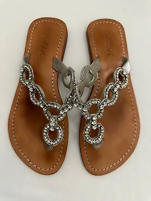 Mystique Metallic Silver Rhinestones Gold Thong Flat Sandals Women Sz 8 • $29.99
