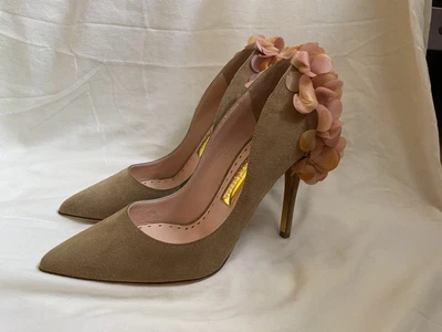£50 • Buy Rupert Sanderson Sand Beige Suede Rio Rita Pink Latex Flowers Petals 36 UK 3