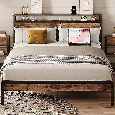 Queen Bed FramePlatform Bed With 2-Tier Storage Headboard And Power Outlets US • $221.99