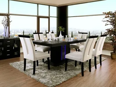 Modern 7 Piece Dining Room Black Rect Table W. LED Lighted & Beige Chair Set CE0 • $1665.74