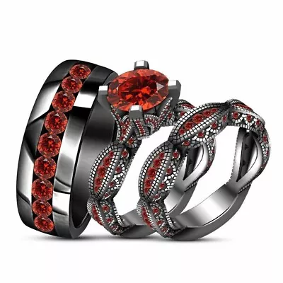 14K Black Gold Plated Lab Created Ruby Wedding His Her Trio Set Ring 2 Carat • $161.54