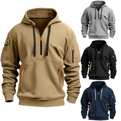 Retro Men Sweatshirt Winter Work Half Zip Up Jumper Hoodie Hooded Jacket Coat • $19.55