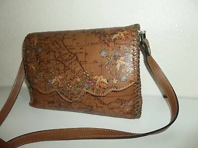 Patricia Nash Brown Leather Map Print W/ Flowers & Birds Purse Handbag Crossbody • $49.99