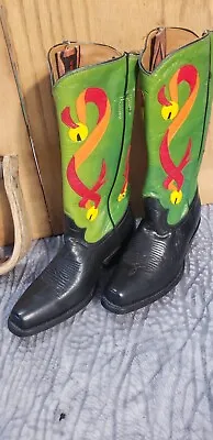 Womens Cowboy Boots Montana Black Green Overlay Size 6.5 Item: P1047 • $260