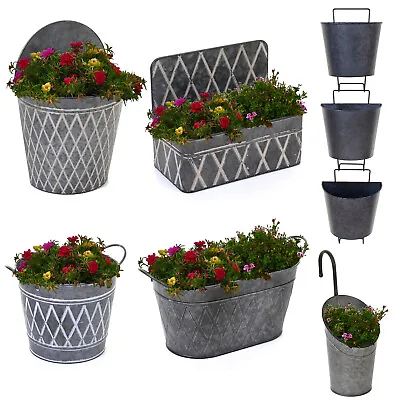 £5.99 • Buy Galvanised Planters Garden Hanging Balcony Wall Mounted Flowers Metal Plant Pots