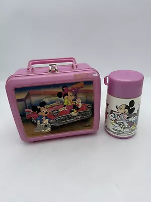 Mickey Mouse And Minnie Car/Diner Pink Plastic Lunchbox Vintage 80s With Thermos • $10.95