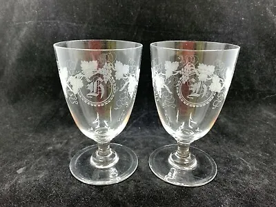 Vintage Pair Etched Clear Glass Wine Stems Grapes Vine And Monogram H 2 Matching • $32