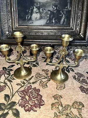 Vintage Brass Candlesticks - 3 Candle - Set Of 2 - 6 ½  X 5 ½  • $55