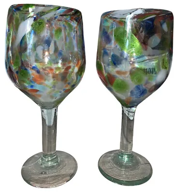 Heavy Hand Blown Confetti Glass Goblet Compote Wine Glass Multi Color 8” • $26.99