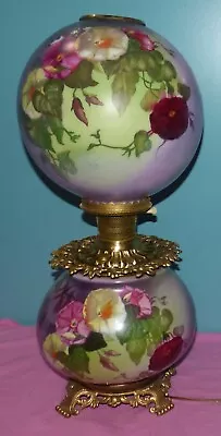 Beautiful Vintage GWTW Painted Floral Electric Table Lamp Bright Colors Purple • $315