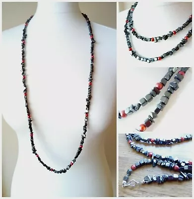 Haematite  & Red Pearl Necklace Wear Long Or Doubled Versatile 925 Clasp • £7.99