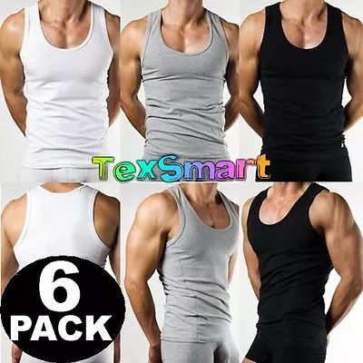 6 Pack Mens Vest Top Summer Gym Training Pure Cotton Sleeveless S M L XL 2XL • £12.95