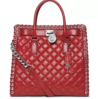 Michael Kors Hamilton Hippie Grommet North South Quilted Tote Red & Silver Large • $420