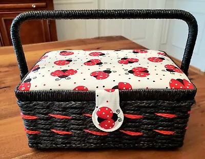 Vintage Ladybug Fabric Covered Wicker Sewing Basket With Tray Lined Inside • $25