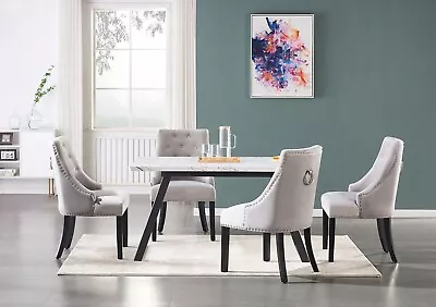 Light Grey Velvet Dining Chairs Upholstered Seat & Back Wooden Legs Dining Room • £89