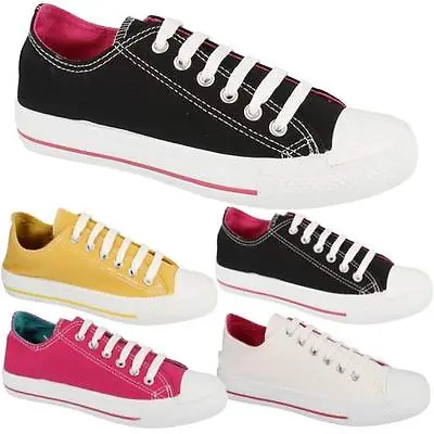 Ladies Canvas Shoes Girls Retro Lace Up Black Pumps Plimsoles Trainers Shoe Size • £6.95
