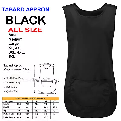 LADIES WOMEN TABARD APRON OVERALL KITCHEN CATERING CLEANING BAR PLUS SIZE Black • £6.99