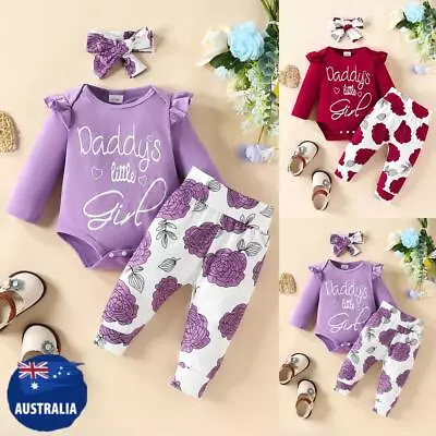 Infant Baby Girls Ruffle Romper Tops+Pants Headband Set Floral Outfits Clothes • $31.59
