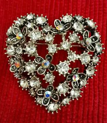 Stunning Diamonte Silver Plated Vintage Style Heart Brooch Broach Cake Pin Gift • £11.75