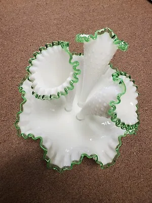 Large VTG Fenton Glass Diamond Lace French White W/ Green Crest 3 Horn Epergne • $195