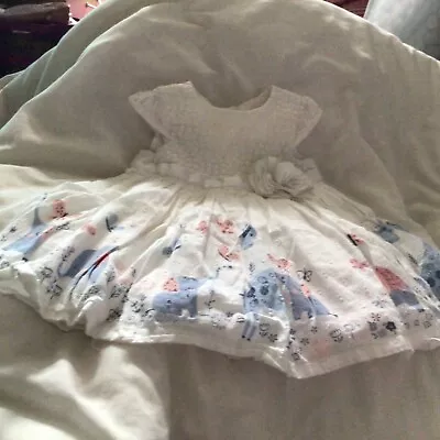 Baby Girl’s Cotton Dress First Size  9lbs White With Blue & Pink Animals Pattern • £7.99