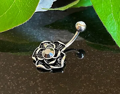 Vintage Hematite Flower Belly Ring Black CZ Gem Pierced Navel Rose 14g (w509) • $11.95