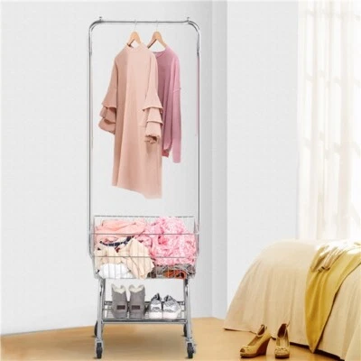 $99.59 • Buy Garment Organizer Laundry Cart Commercial With Double Pole Rack Hamper Rolling 