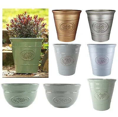 £9.50 • Buy Gloss Plastic Planters Flower Plant Pots Barrel Tall Bowl Olive Ceramic Look