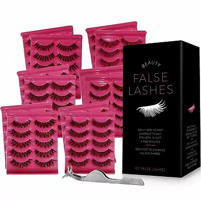 False Eyelashes Pack W/ Tweezers (60 Pairs)--6 Different Styles (10 Pairs/Style) • $16.99