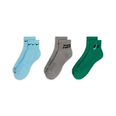 Men Nike Everyday Plus Ankle Socks 3 Pair Pack Green Blue Grey Size Large 8-12 • $15.99