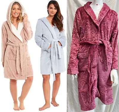 BRANDED Ladies Womens Fluffy Fleece Bathrobe Soft Warm Dressing Gown Bath Robe • £13.99