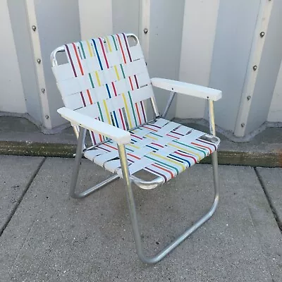 Vintage Webbed Aluminum Folding Lawn Patio Beach Chair - White With Stripes • $49.95